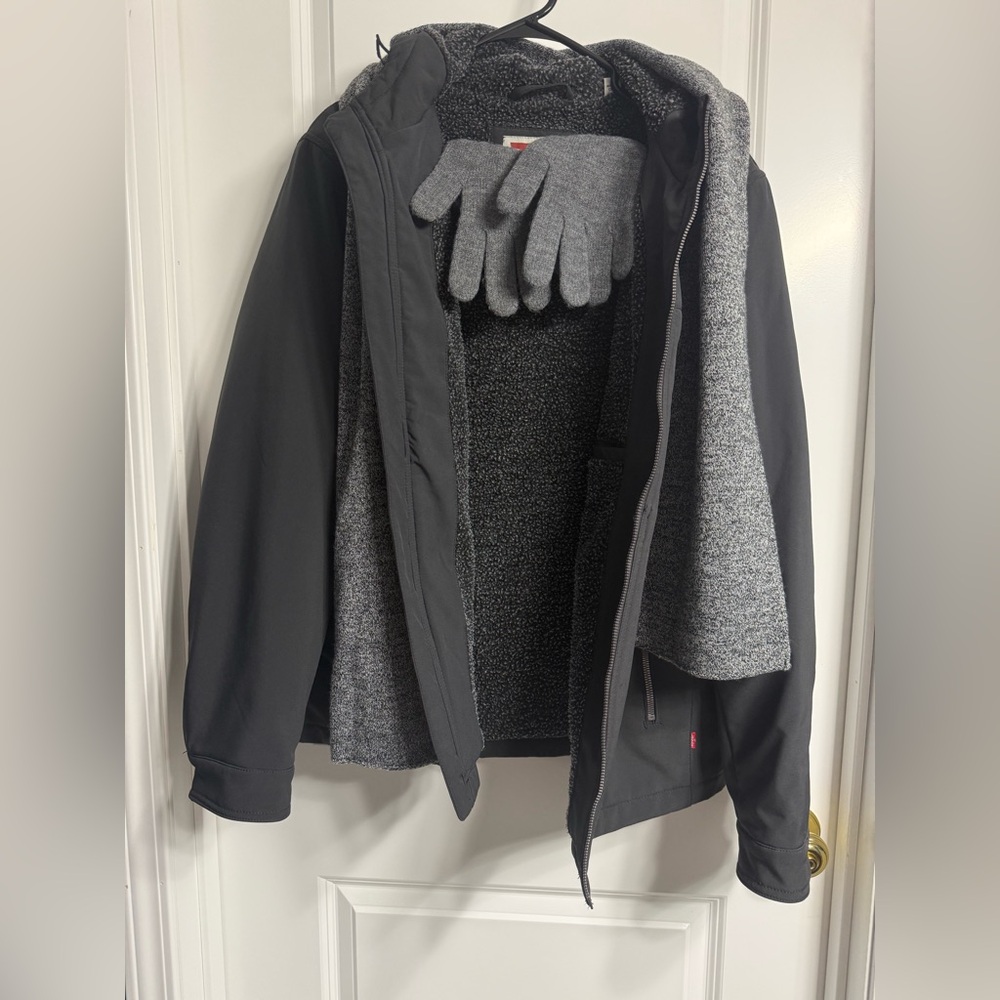 Levi Strauss Jacket Mens L Charcoal Hooded Sherpa Faux Fur Lined W/ Scarf Gloves